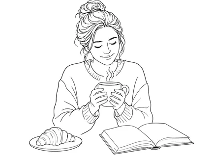 A serene moment captured as a woman savors her morning beverage, surrounded by leisure and comfort