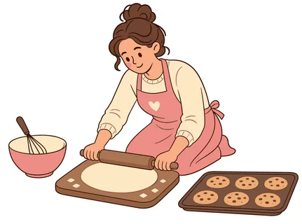A cheerful woman in an apron kneads dough on a cutting board, with a bowl and whisk ready for ingredients and a tray of baked cookies