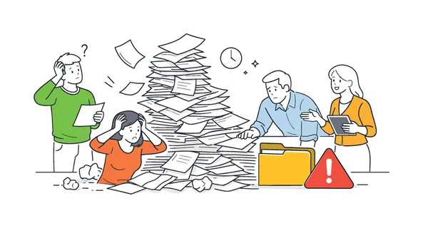 Process inefficiency and document management challenges in a business workflow where disorganized paperwork slows productivity and creates confusion, illustrated by a