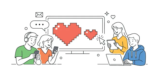 Digital love and online communication in a modern lifestyle context where people express emotions through virtual interactions and messaging platforms, represented by a