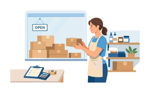 A small business retail scene showing an owner organizing products and preparing the store for customers, reflecting entrepreneurship, daily operations, and attention to