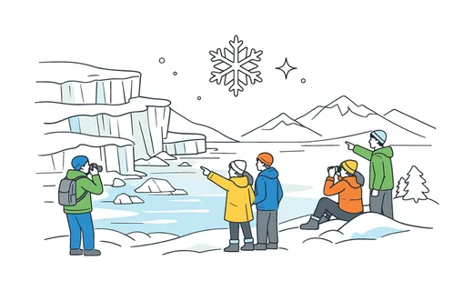 A frozen polar landscape appreciation scene where people explore the beauty of snowy ice caps and pristine winter environments together, expressed through a clear visual metaphor