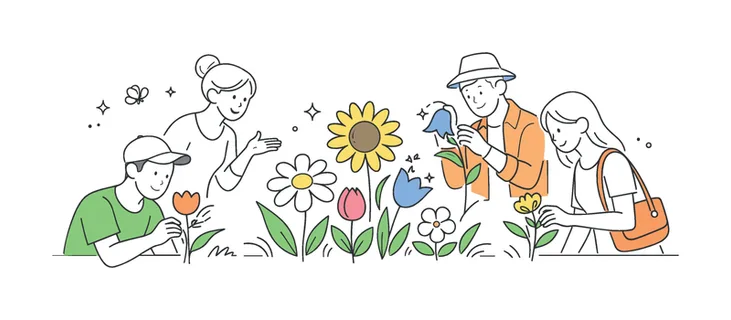 People exploring and appreciating different types of flowers in a calm natural or lifestyle setting to enjoy variety and beauty, illustrated through a clear metaphor of a