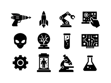 Retro sci-fi lab: ray gun, rocket model, robotic arm, holographic control panel, alien skull, energy orb, test tube, circuit board, mechanical gear, containment tank, microscope