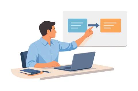 A professional improving task handoff clarity during a focused workflow moment, sitting at a desk with a laptop while organizing a simple transfer arrow between two