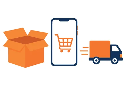 A smartphone displaying a shopping cart icon connects to a delivery truck and an open box, symbolizing e-commerce logistics