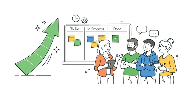 Product development stand-up meeting scenario where a team gathers near a large progress arrow and a simple kanban board with a few task cards, illustrating daily agile