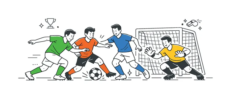 A dynamic football match scenario where players compete on the field during an intense game, shown through a small group interacting near a simple goal post and soccer