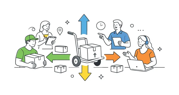 Team coordinating physical workload and transport tasks in a distribution process to ensure timely delivery, visualized with a metaphor of a central hand truck connected