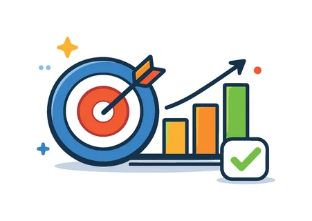 Outcome tracking and KPI alignment in business performance management for data-driven decision making, a target combined with a simple chart and a small checkmark