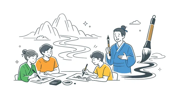 Artists studying traditional Chinese ink landscape painting during a calm creative workshop while exploring cultural heritage and classical art techniques, representing