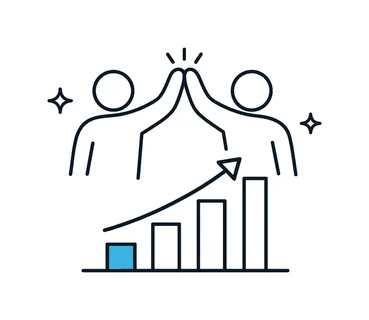 Workplace achievement celebration after successfully completing a collaborative project milestone in a positive corporate environment, two simplified human figures raising hands in