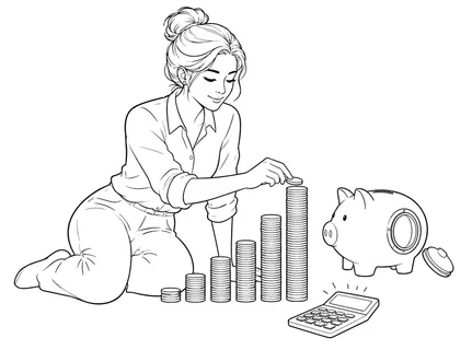 A woman is shown on the floor, meticulously stacking coins into a growing pile beside a piggy bank and a calculator, symbolizing personal finance and savings