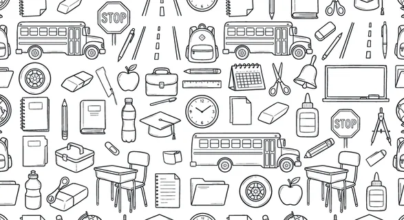 Student daily commute and learning environment concept focused on school bus travel combined with educational supplies and classroom organization. Objects of school bus, bus side,