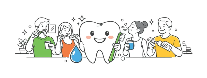 Individuals maintaining daily oral hygiene habits as part of a healthy lifestyle routine at home, represented through a metaphor of a smiling tooth with simple care