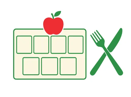A visual representation of a balanced diet plan featuring an apple, a meal tray, and crossed fork and knife