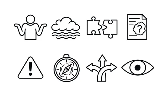 Uncertainty and doubt: shrug figure, fog cloud, broken puzzle, unclear document, warning sign, compass spinning, mixed signals arrows, eye with blur.