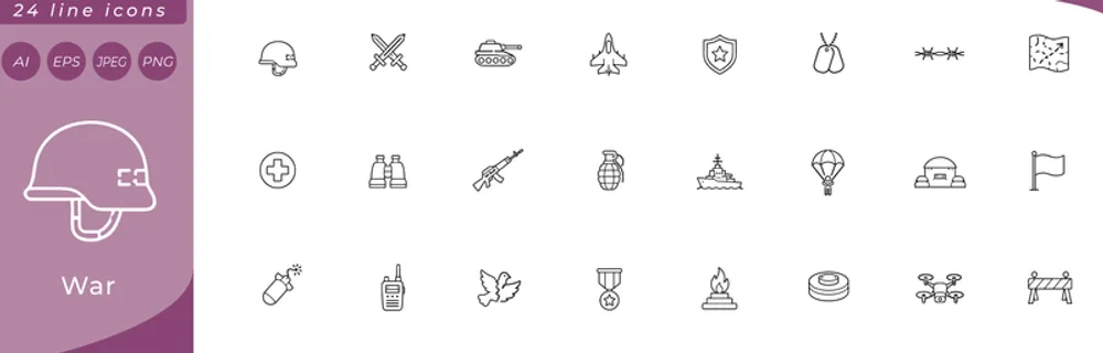 War: military helmet, crossed swords, tank side view, fighter jet, shield with star, dog tag, barbed wire segment, trench map with arrow, medic cross badge, binoculars, rifle outline, grenade, naval
