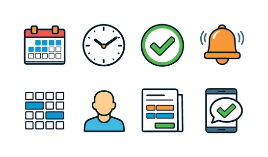 Appointment scheduling system: calendar, clock, checkmark, reminder bell, time slot grid, user profile, booking form, confirmation message.