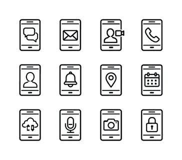Smartphone communication tools: smartphone with chat bubbles, smartphone with envelope mail, smartphone with video call screen, smartphone with phone handset, smartphone with