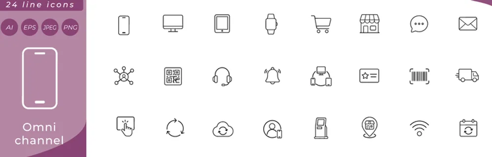 Omni channel: smartphone, desktop monitor, tablet, smartwatch, shopping cart, storefront, chat bubble, email envelope, social media network nodes, QR code square, headset, push notification bell