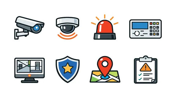 Security monitoring system: CCTV camera, motion sensor, alarm siren, control panel, surveillance screen, guard shield, location tracking pin, incident report.