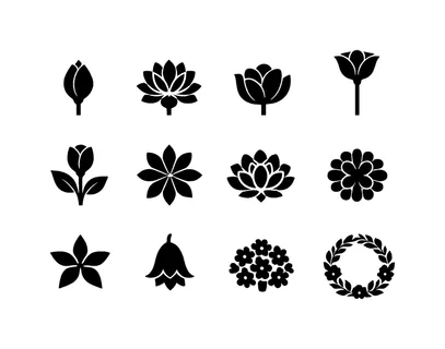 Botanical floral silhouettes: flower bud, blooming flower, half open blossom, flower with long stem, flower with leaves, symmetrical petal flower, layered petal blossom, circular