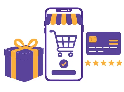 A mobile phone displays a shopping cart icon, symbolizing e-commerce, alongside a gift box and credit card for purchases