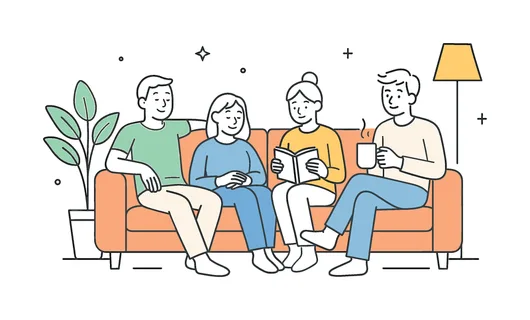 Comfort and relaxation in a home environment where individuals unwind and recharge after daily activities, represented by a clear visual metaphor of a cozy sofa combined