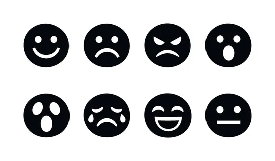 Basic emotions: happy face, sad face, angry face, surprised face, scared face, crying face, laughing face, neutral face.