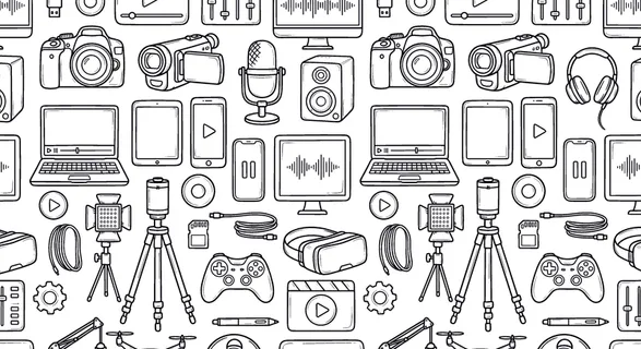 Digital media production and entertainment technology concept focused on content creation, recording, and multimedia devices used in modern creative industries. Objects of camera,