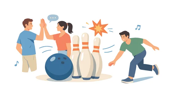 A recreational sports illustration theme representing bowling as a fun social game enjoyed in leisure venues and community gatherings, represented with doodle style bowling pins, a