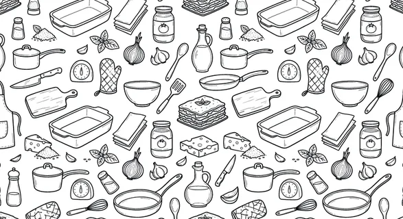 Lasagna cooking theme with homemade Italian comfort food feel, doodle objects including lasagna slice, baking dish, pasta sheets, tomato sauce, cheese blocks, grated cheese, basil