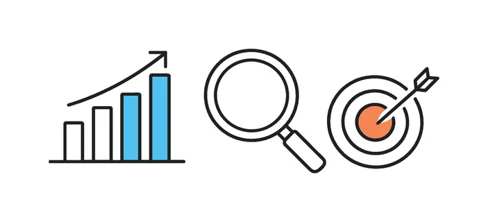Strategic business decision making and performance evaluation in a modern corporate workflow, a simple dashboard style bar chart placed beside a magnifying glass and a small target
