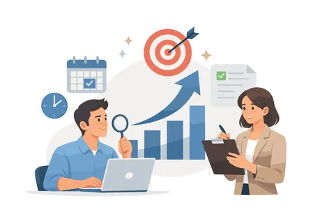 Workflow optimization and goal achievement theme where productivity icons represent focus, prioritization, and consistent progress in modern work settings, represented by