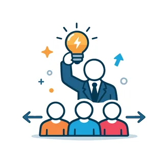 Strategic leadership and team management focused on vision and decision making in an organization, a human figure holding a lightbulb above a small group representing