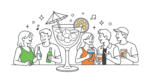 A modern hospitality and nightlife scene where people enjoy drinks while socializing in a relaxed environment, illustrated through a visual metaphor of a cocktail glass, small