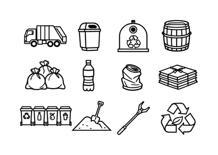 Urban waste collection: garbage truck, street trash bin, recycling container, compost bin barrel, trash bag pile, plastic bottle, crushed aluminum can, paper stack bundle, waste