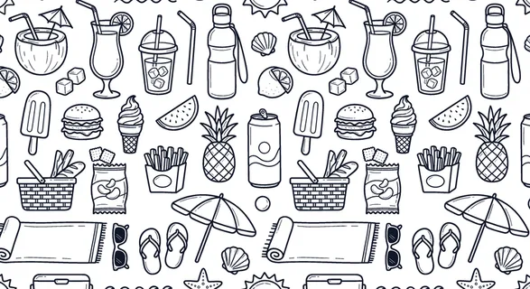 Summer beach snacks and refreshing drinks concept focused on relaxing seaside moments, casual vacation food, and sunny leisure lifestyle. Objects of coconut drink, cocktail glass,