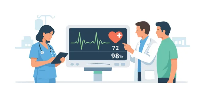 Healthcare monitoring scenario where medical professionals track patient vital signs using advanced digital equipment in a clinical environment, symbolized by a medical