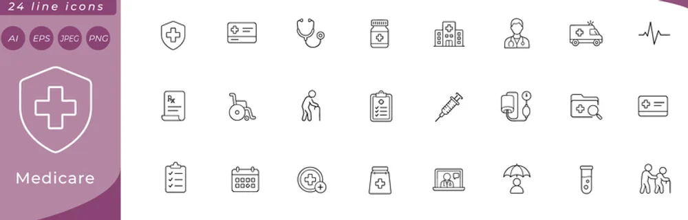 Medicare: medical cross shield, health insurance card, stethoscope, pill bottle, hospital building, doctor silhouette, ambulance side view, heartbeat line, prescription notepad, wheelchair symbol