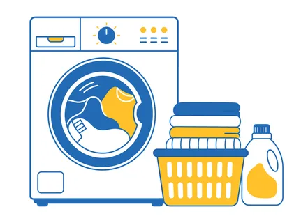A stylized illustration depicts a front-loading washing machine, a yellow laundry basket filled with folded clothes, and a bottle of detergent
