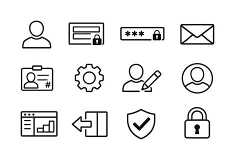 User account management: user profile, login form, password field, email address, username id, profile settings, edit profile pencil, profile picture, account dashboard,