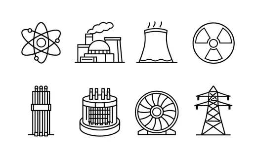 Nuclear energy: atom symbol, nuclear power plant, cooling tower, radiation sign, fuel rod, reactor core, turbine, energy grid tower.