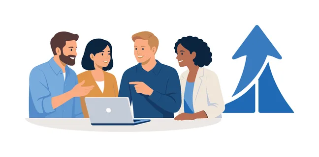 A team building clear alignment during a collaborative planning discussion, gathered near a laptop while interacting with a simple unified direction arrow symbol beside