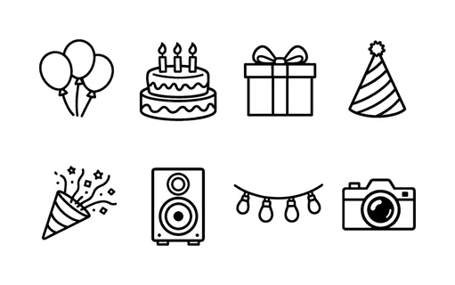 Party organization items: balloons, birthday cake, gift box, party hat, confetti popper, speaker, string lights, photo camera.