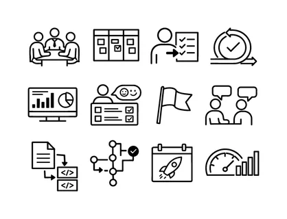 Product management and collaboration: team meeting, kanban board, task assignment, sprint cycle, analytics dashboard, user feedback form, priority flag, stakeholder