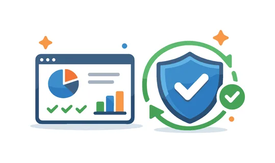 Continuous compliance monitoring in regulated industries ensuring systems stay aligned with evolving rules and standards, a simple dashboard combined with a shield and a