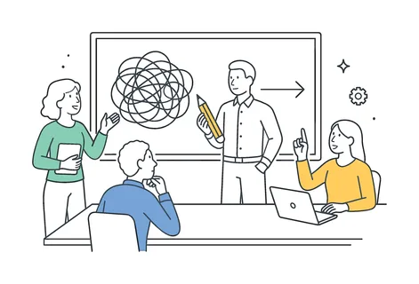 A clear process simplification scenario where a team reduces complexity and removes redundant steps during a planning session to improve efficiency, centered around a