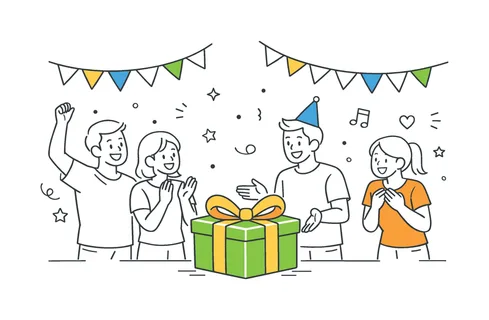 Festivity celebration in a community setting where people gather to enjoy a shared joyful event, represented by decorative banners and a simple gift box as the main